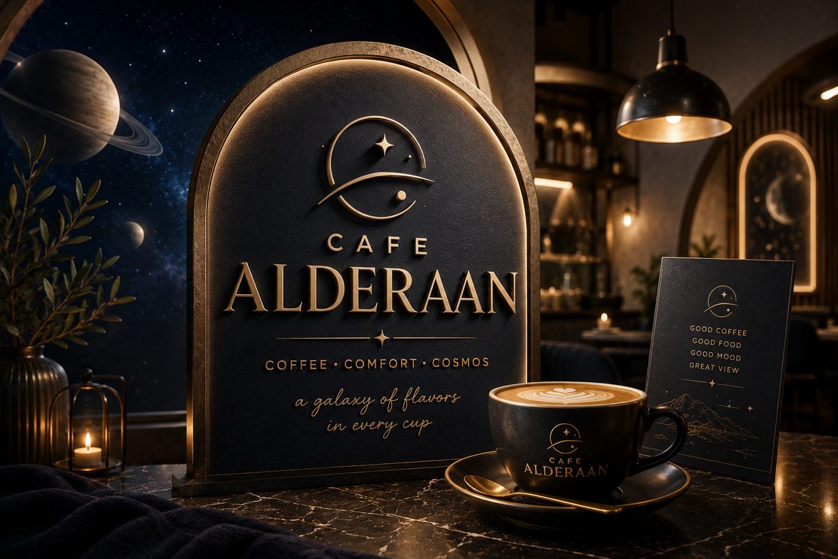 Cafe Alderaan brass signage lit against a night window