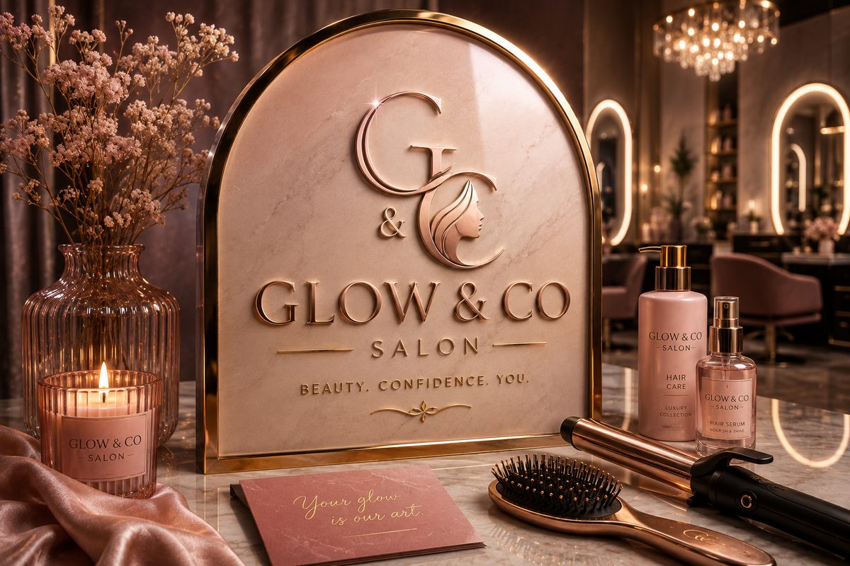 Glow and Co Salon marble signage in rose gold, with styling tools