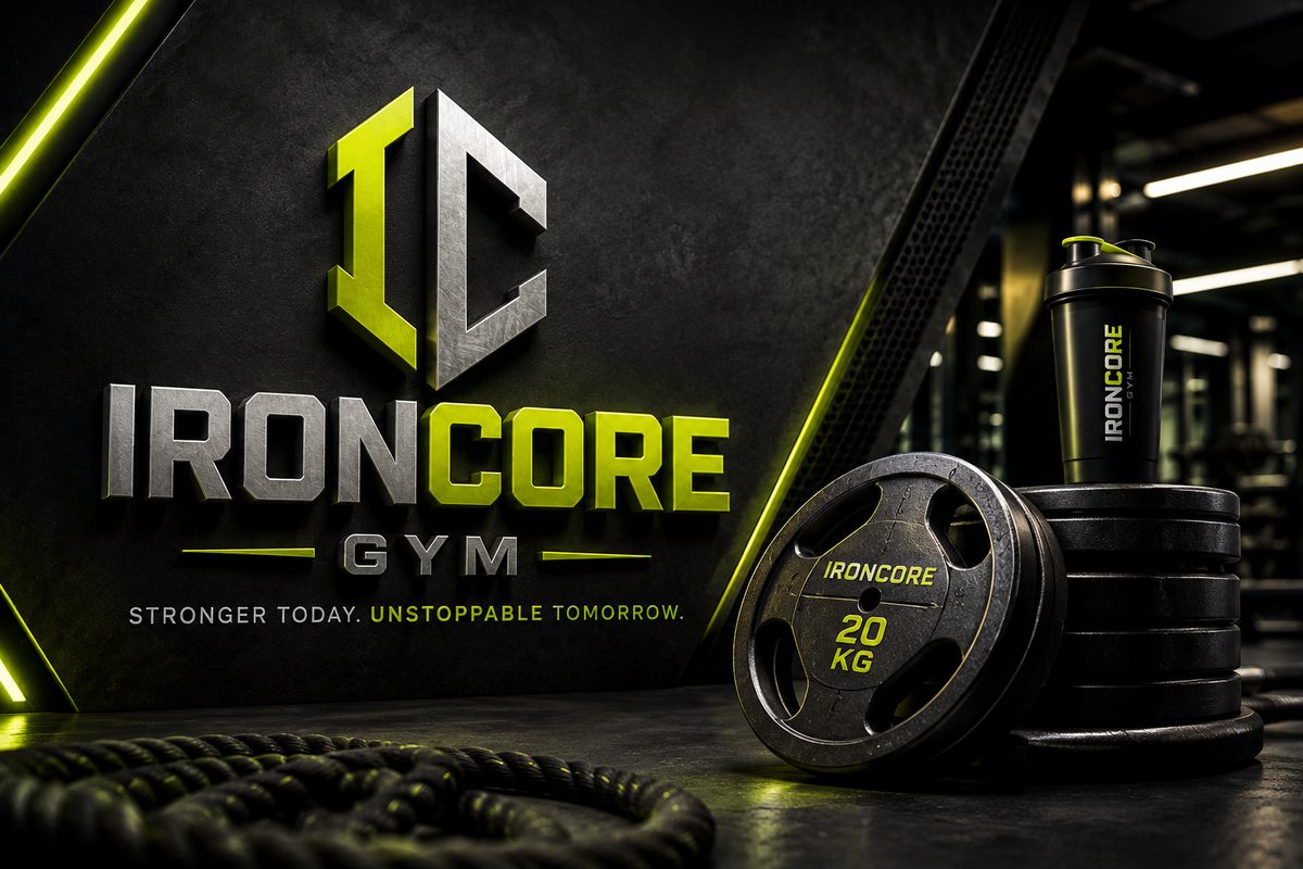 IronCore Gym steel and volt-green signage above weight plates