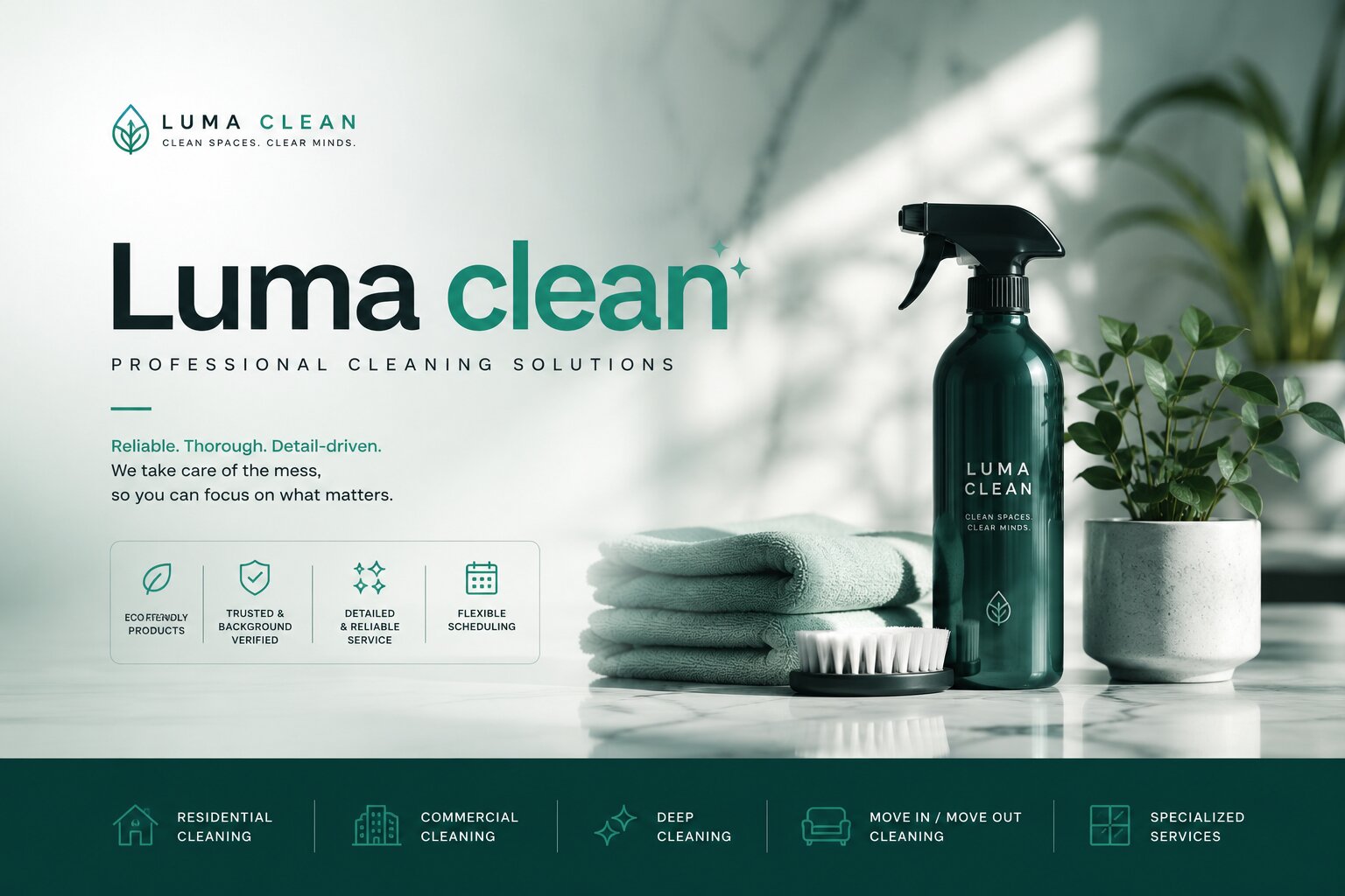 Luma Clean signage in white and mint on a lit plaster wall