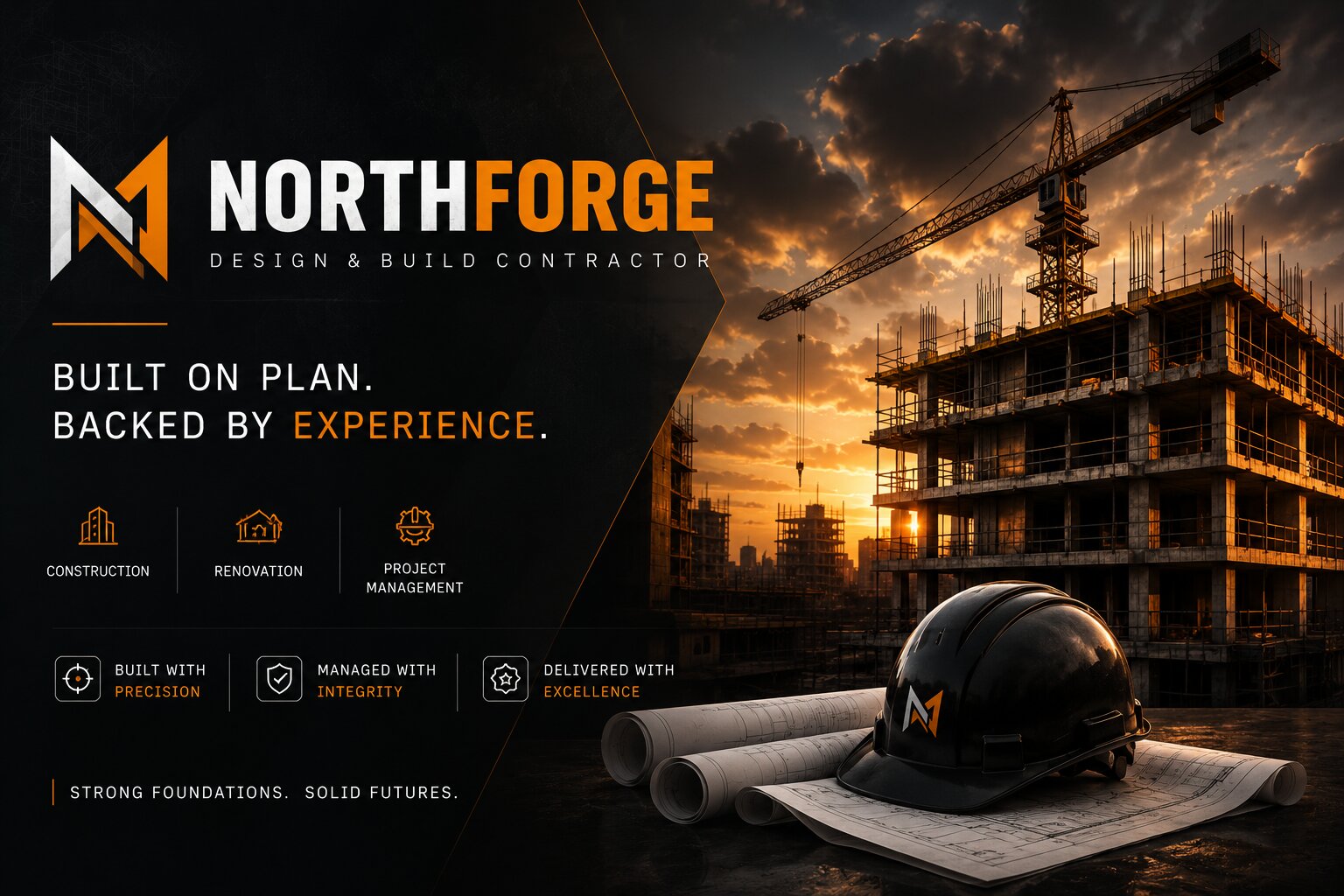 Northforge signage in steel and amber on a poured concrete wall