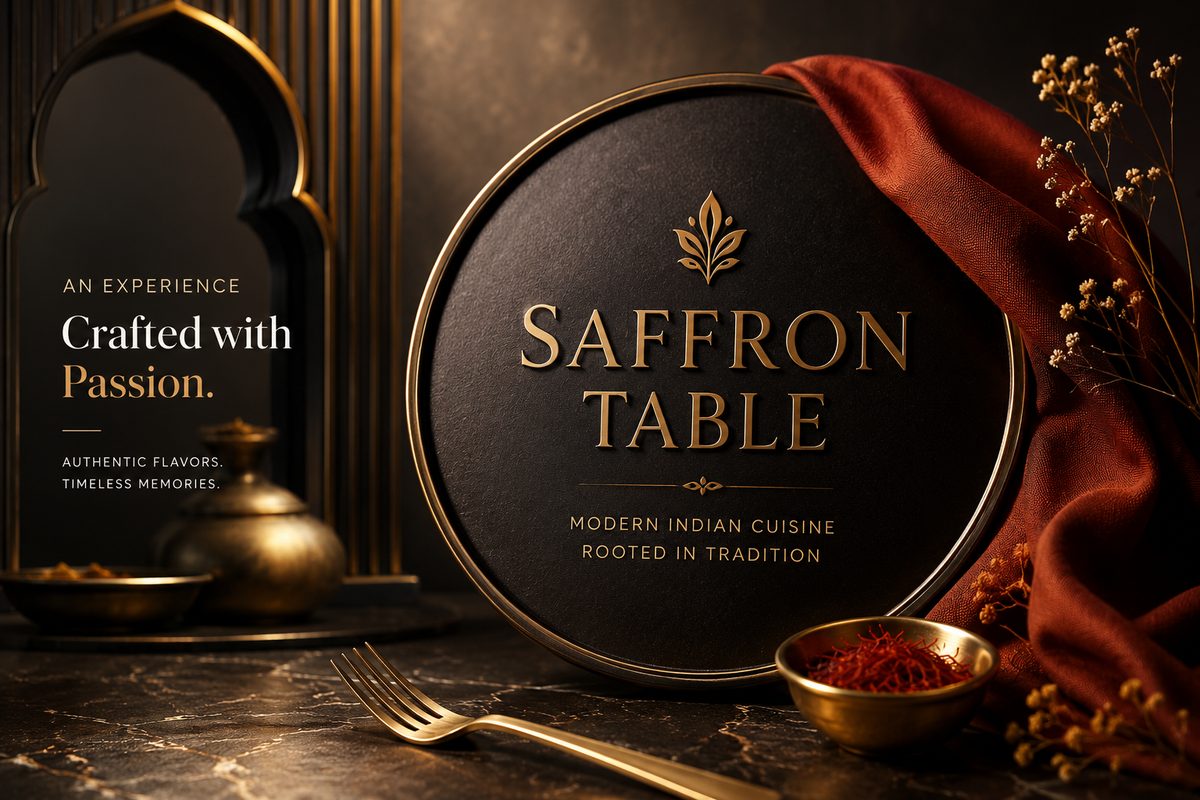 Saffron Table signage in gold on black, with saffron and a rust drape